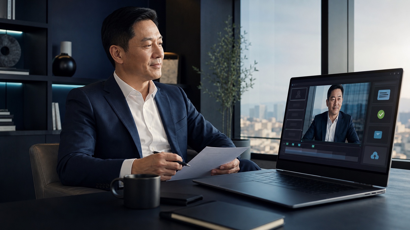 Executive calmly approving an AI avatar video from a modern office without a camera crew