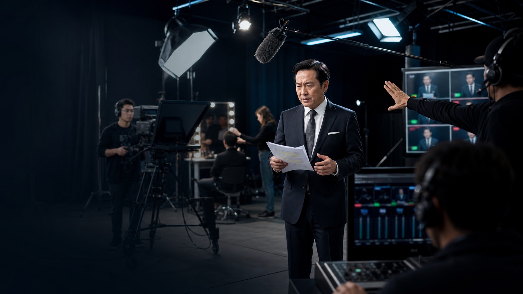 Executive rehearsing in a professional video studio surrounded by cameras, lighting and production crew